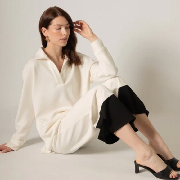 P Cill Harriet Collared Long Sleeve Butter Modal Top Ivory Neutral Minimalist - Picture 2 of 3